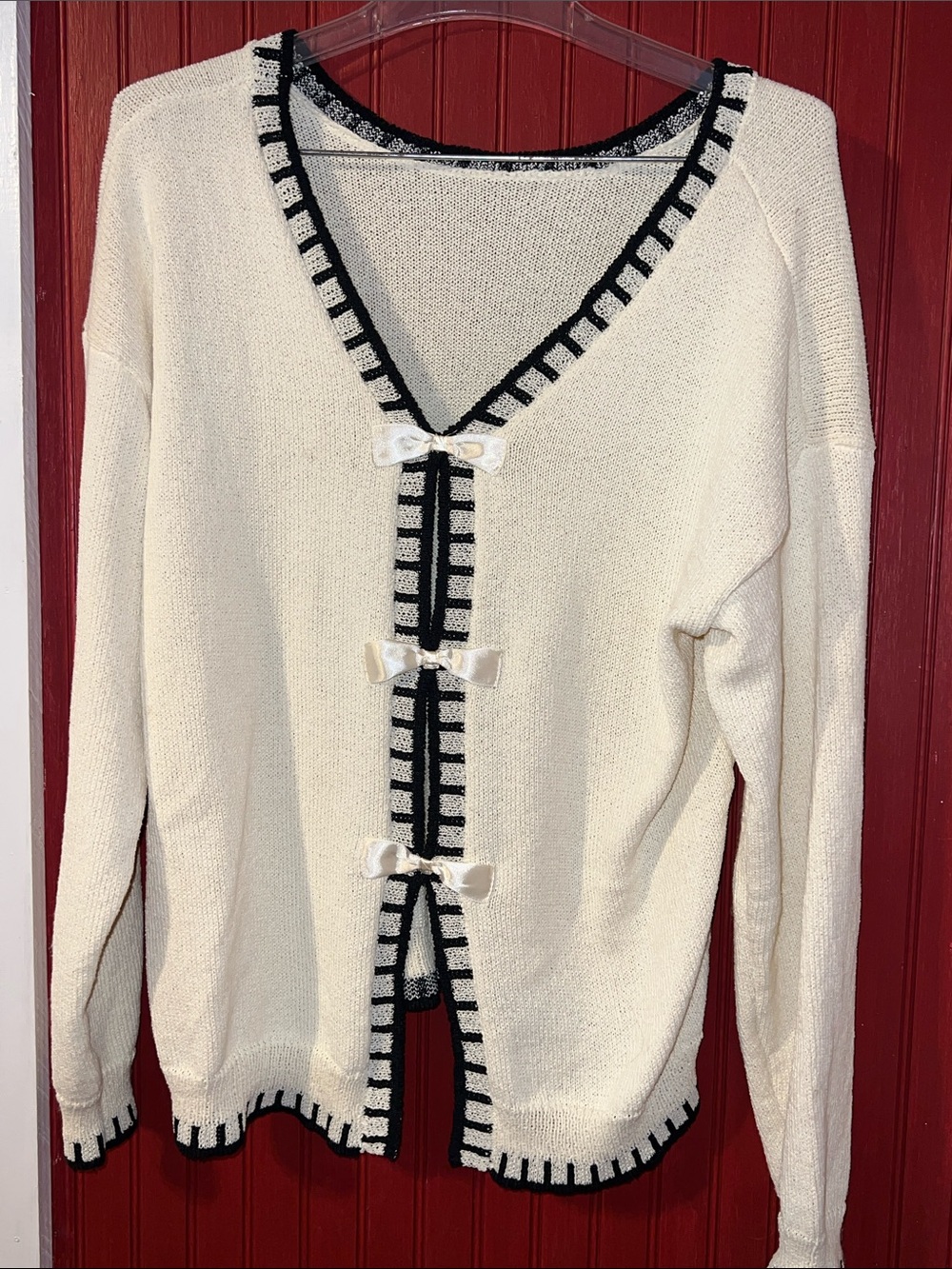 Cream Knit Cardigan with Black Trim and Bow Accents L